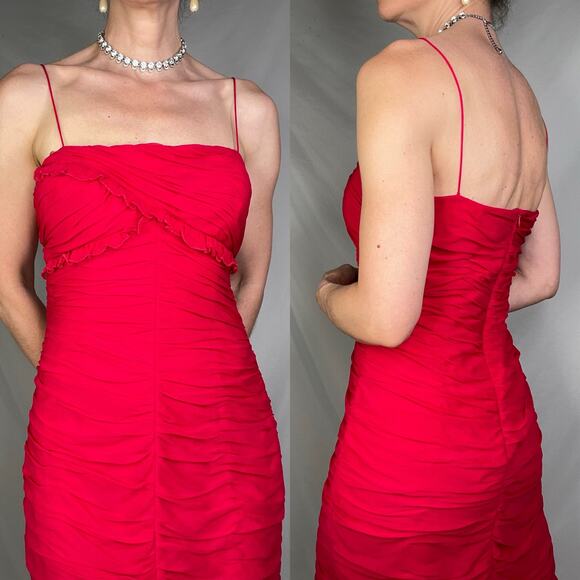 Cache silk ruffled sweetheart slip dress cocktail red ruched midi formal red 8 - Picture 14 of 16